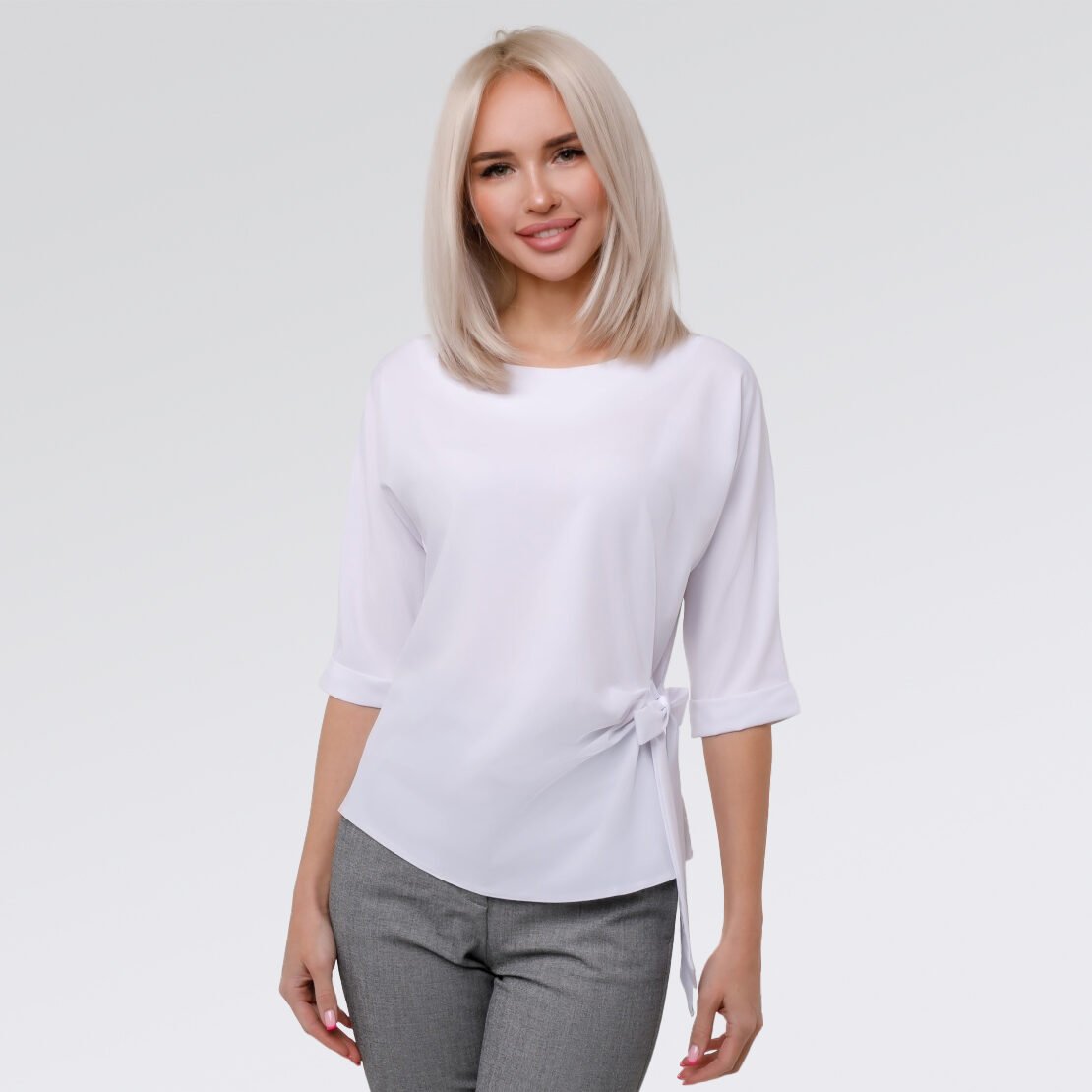 Blusa blanca con lazo en la cintura, blusa elegante para oficina