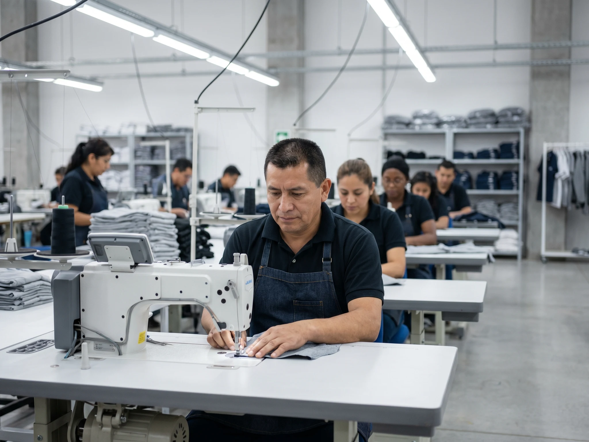 Confeccionista ecuatoriano operando máquina industrial en fábrica contemporánea de Maq Studio